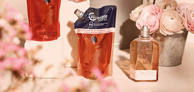 Cherry blossom shower gel in eco-refill and bottle